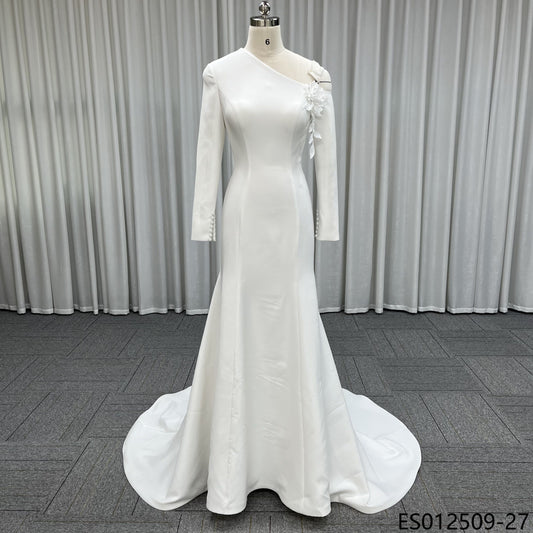 Off Shoulder Draped Satin Mermaid Wedding Dress Ruched Waist Bridal Gown With Sweep Train
