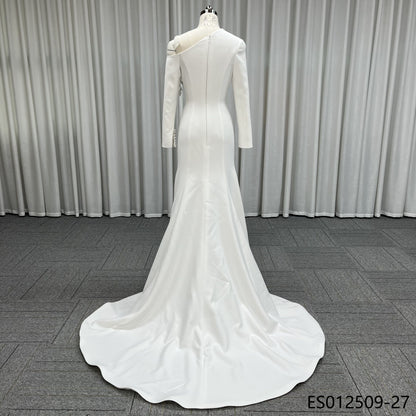 Off Shoulder Draped Satin Mermaid Wedding Dress Ruched Waist Bridal Gown With Sweep Train