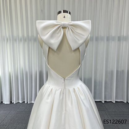 Elegant Satin A-line Bridal Gown, Halter Design, Open Back with Oversized Bow