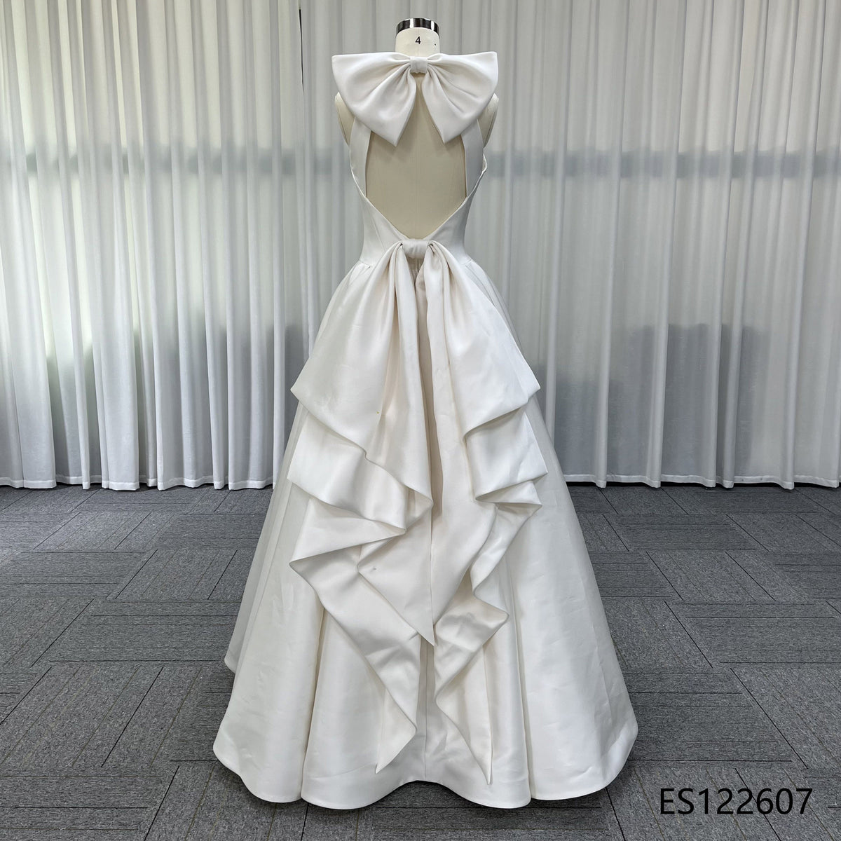Elegant Satin A-line Bridal Gown, Halter Design, Open Back with Oversized Bow
