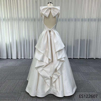Elegant Satin A-line Bridal Gown, Halter Design, Open Back with Oversized Bow
