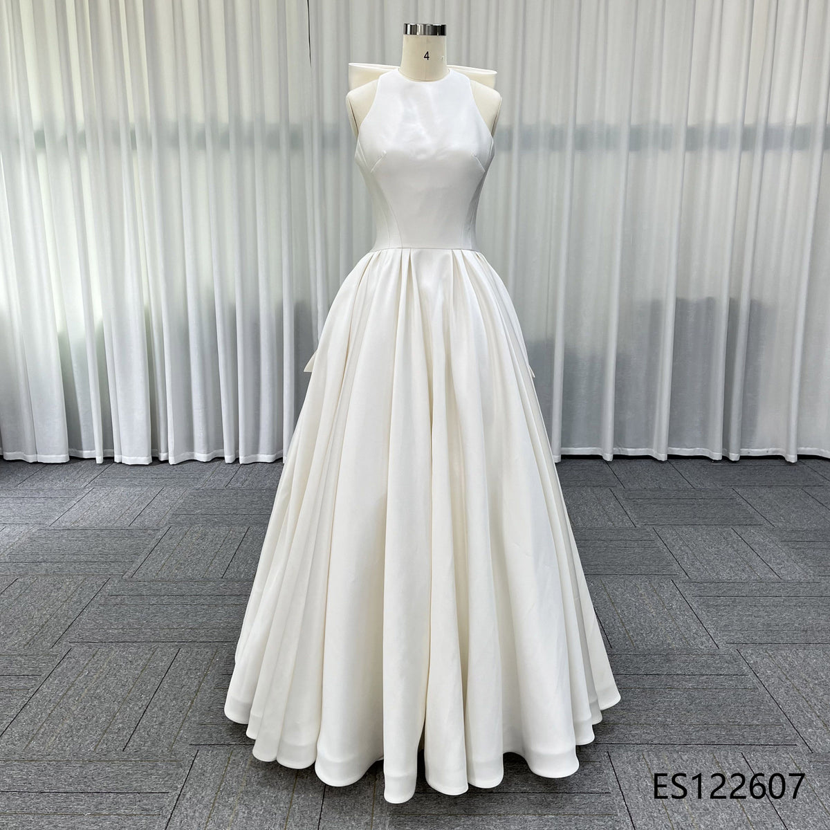 Elegant Satin A-line Bridal Gown, Halter Design, Open Back with Oversized Bow