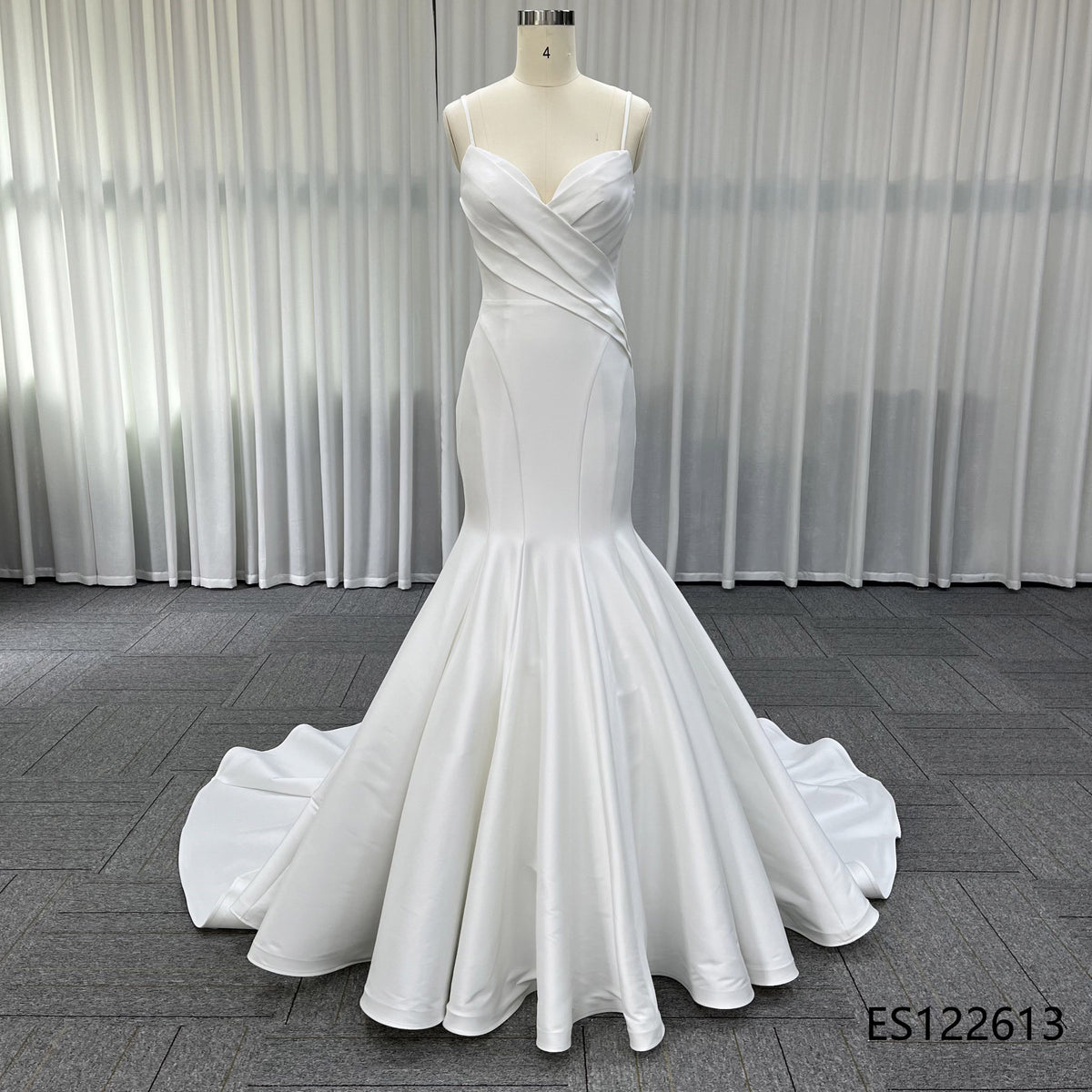 Fitted Satin Mermaid Wedding Dress, Thin Spaghetti Straps and Sweetheart Ruched Front