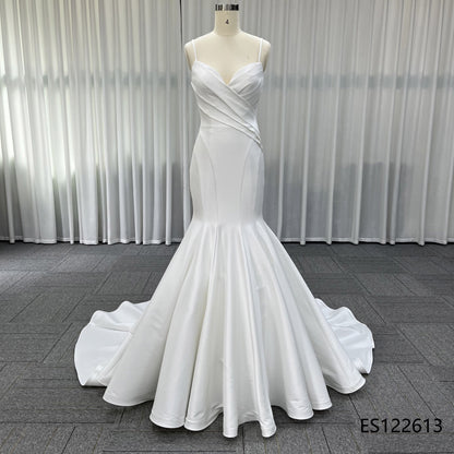 Fitted Satin Mermaid Wedding Dress, Thin Spaghetti Straps and Sweetheart Ruched Front