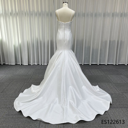 Fitted Satin Mermaid Wedding Dress, Thin Spaghetti Straps and Sweetheart Ruched Front