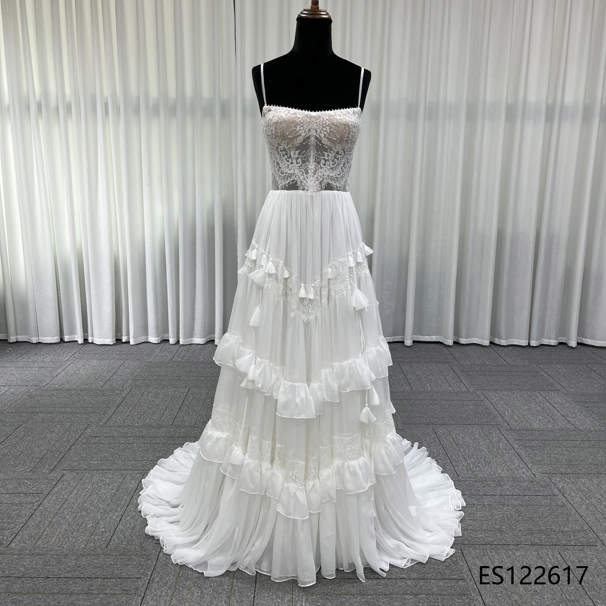 Romantic Tiered Ruffle Tulle Bridal Gown, Sheer Lace Bodice with Removable Sleeves