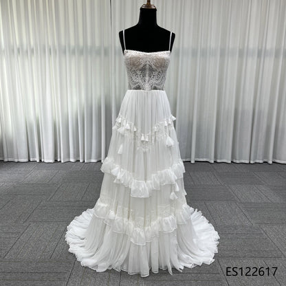 Romantic Tiered Ruffle Tulle Bridal Gown, Sheer Lace Bodice with Removable Sleeves