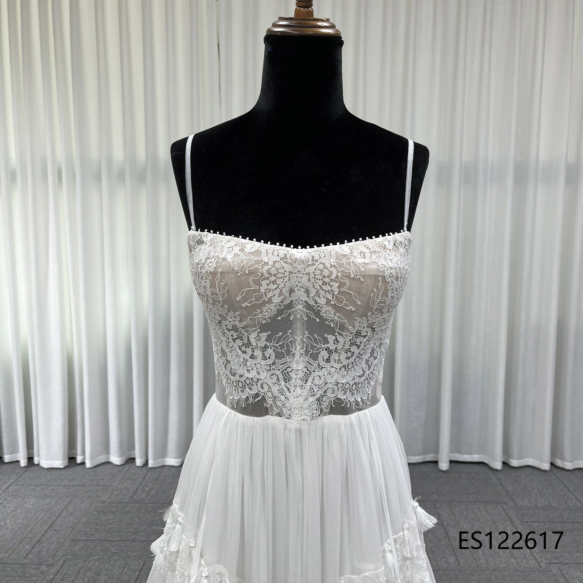 Romantic Tiered Ruffle Tulle Bridal Gown, Sheer Lace Bodice with Removable Sleeves