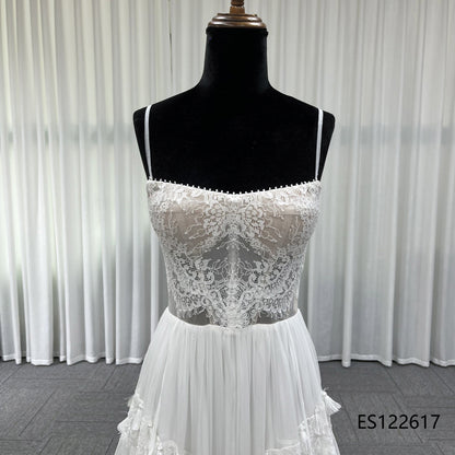 Romantic Tiered Ruffle Tulle Bridal Gown, Sheer Lace Bodice with Removable Sleeves