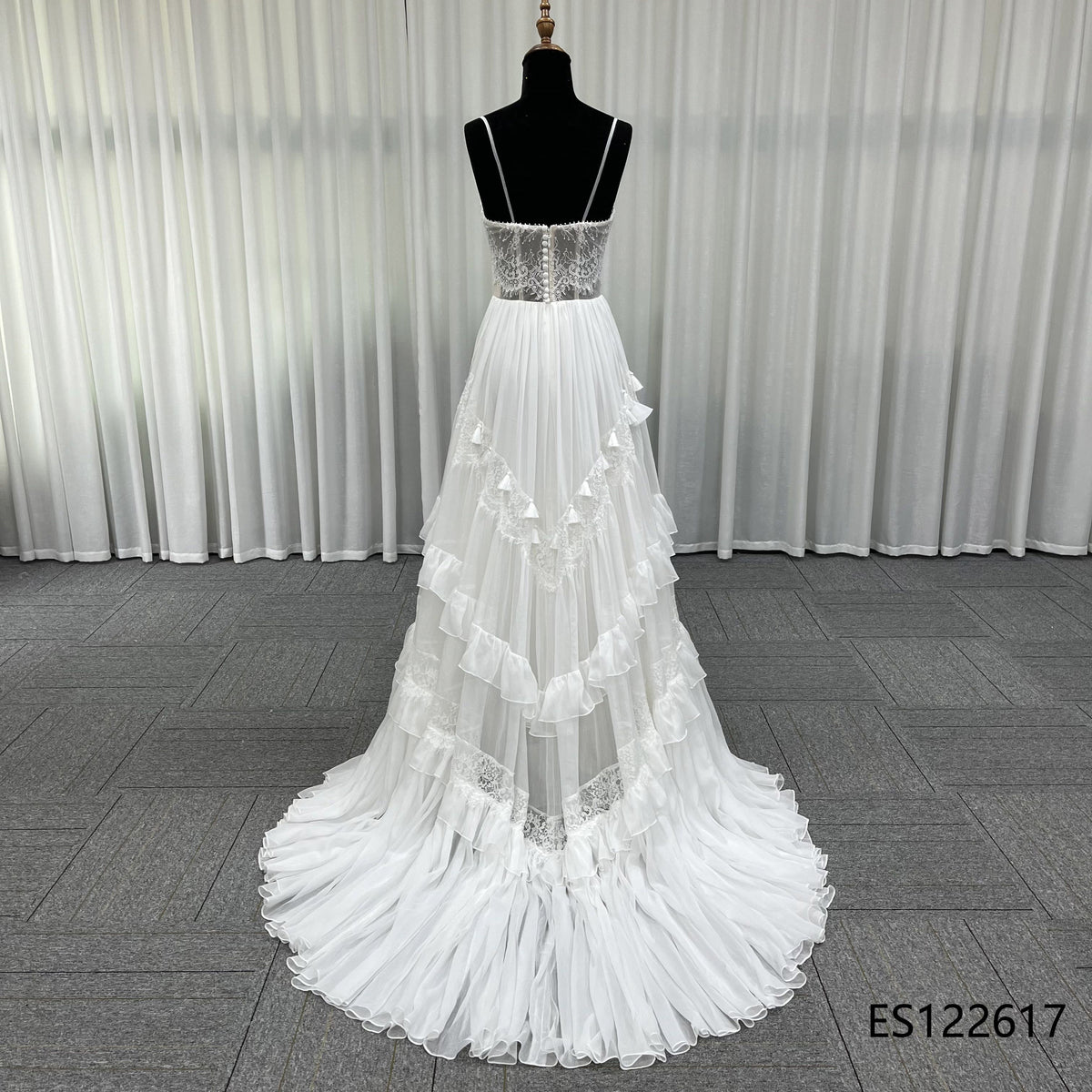 Romantic Tiered Ruffle Tulle Bridal Gown, Sheer Lace Bodice with Removable Sleeves