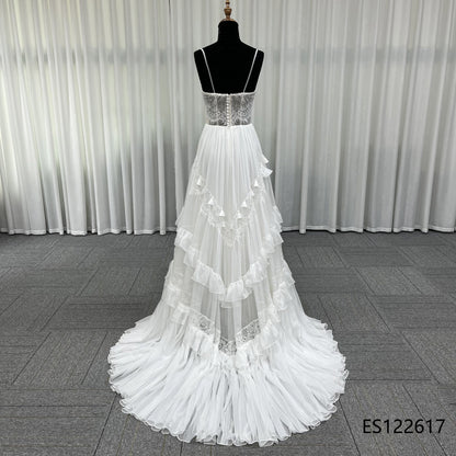 Romantic Tiered Ruffle Tulle Bridal Gown, Sheer Lace Bodice with Removable Sleeves