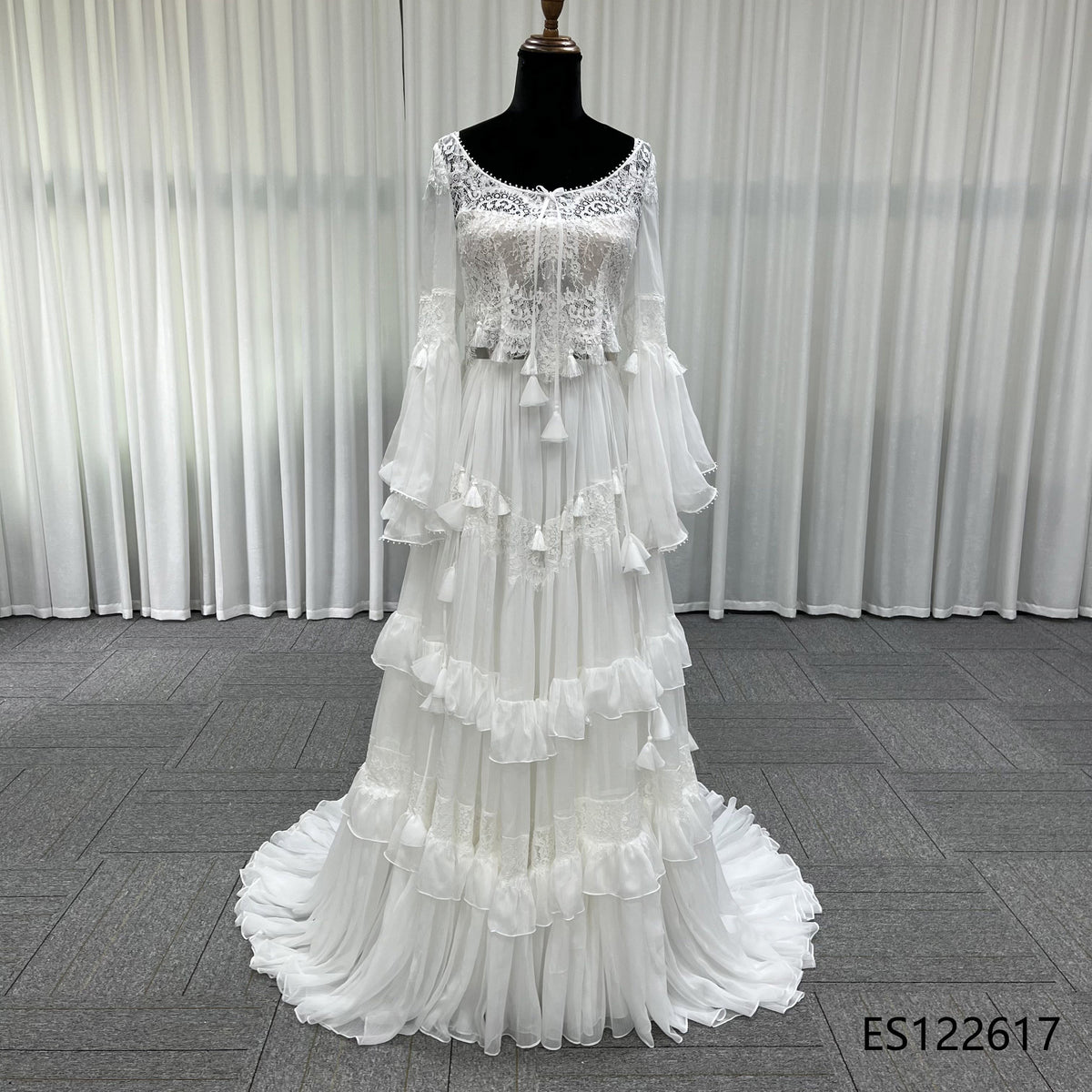 Romantic Tiered Ruffle Tulle Bridal Gown, Sheer Lace Bodice with Removable Sleeves