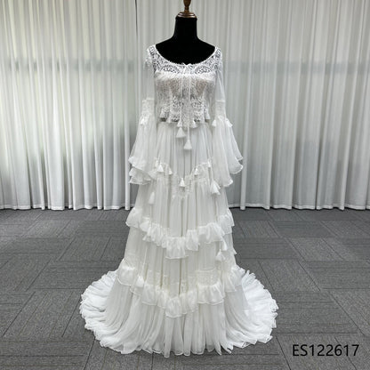 Romantic Tiered Ruffle Tulle Bridal Gown, Sheer Lace Bodice with Removable Sleeves
