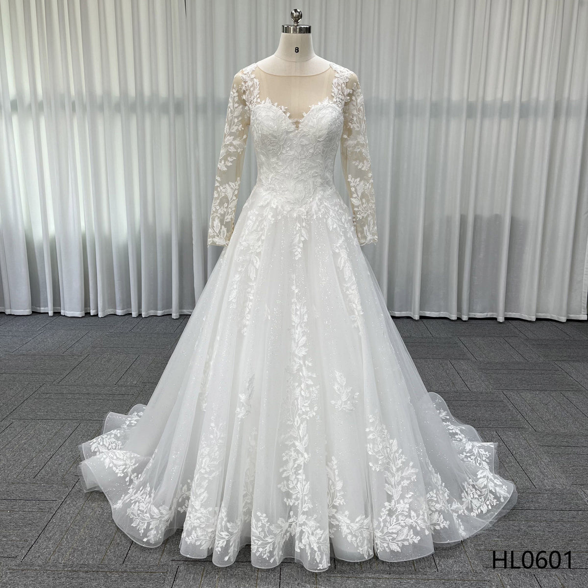 Illusion Neck Long Sleeve Floral Lace A Line Bridal Gown