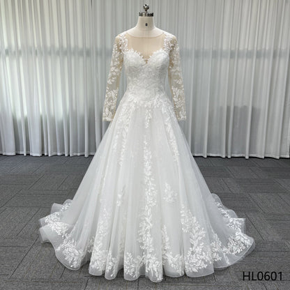 Illusion Neck Long Sleeve Floral Lace A Line Bridal Gown