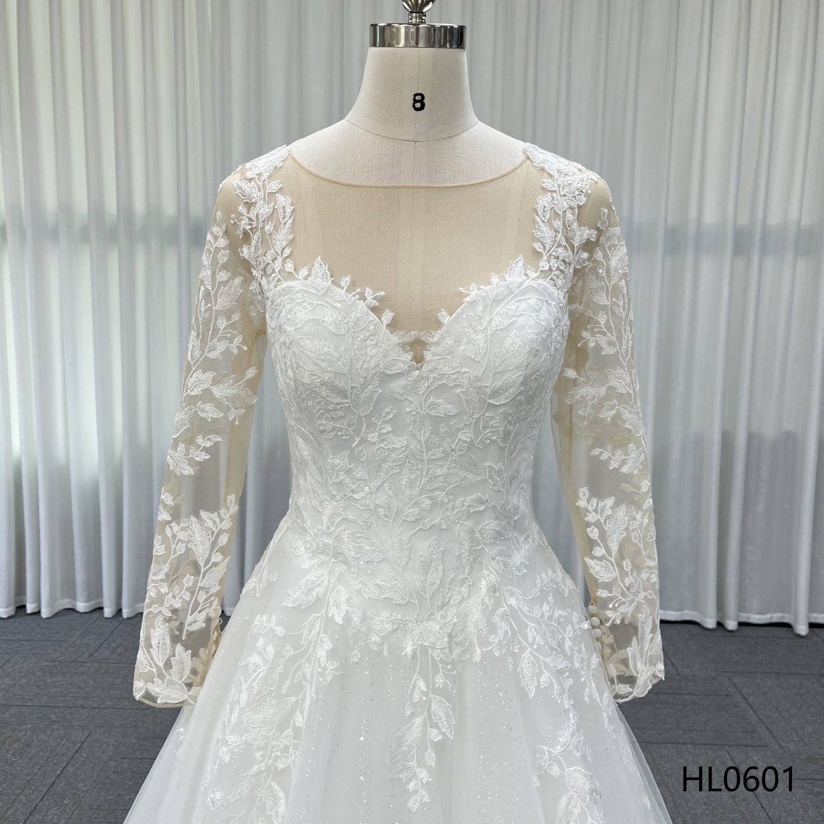 Illusion Neck Long Sleeve Floral Lace A Line Bridal Gown