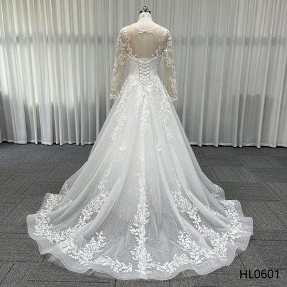 Illusion Neck Long Sleeve Floral Lace A Line Bridal Gown