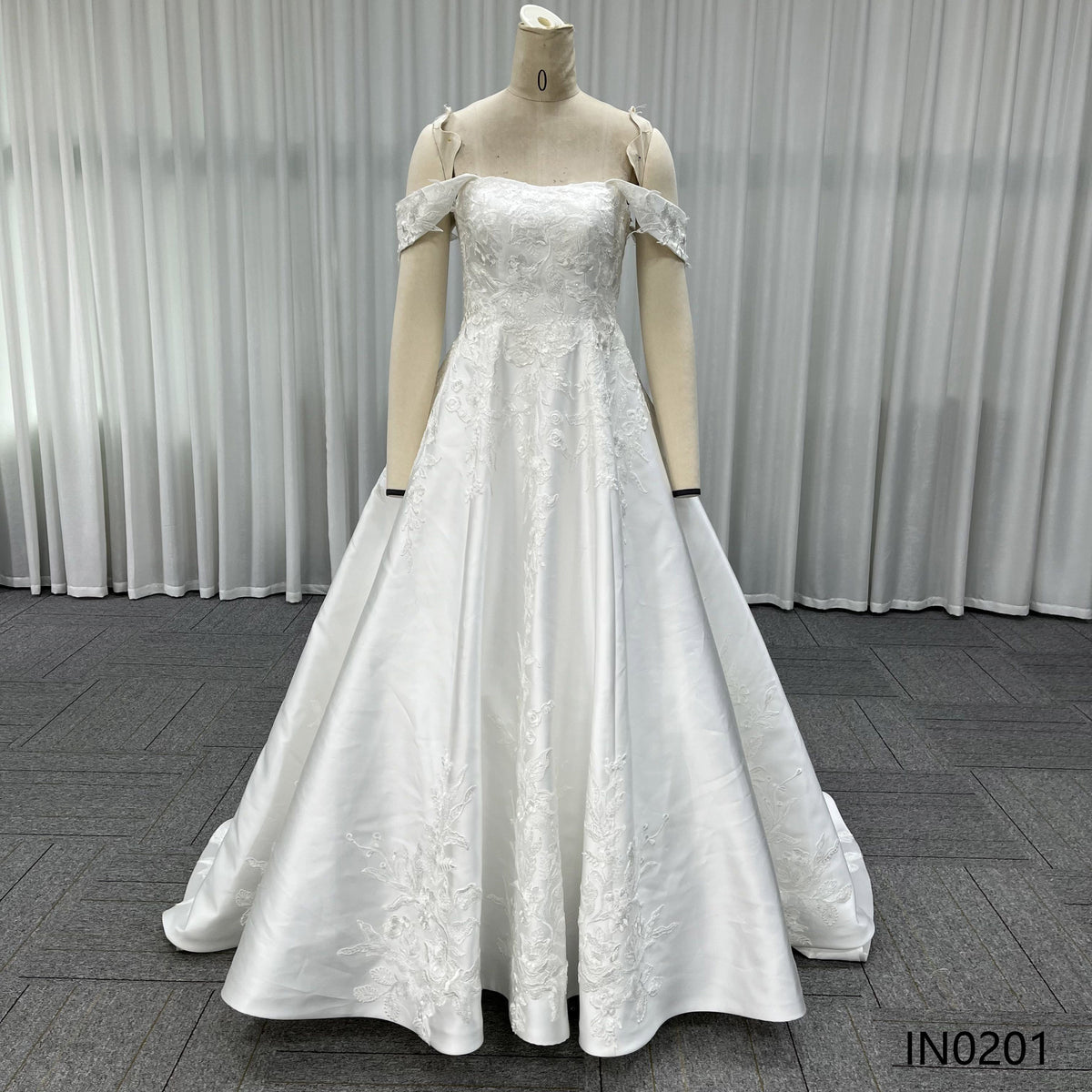 Elegant Off-the-Shoulder Satin Bridal Gown Lace Applique A Line Wedding Dress With Train