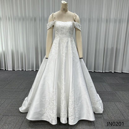 Elegant Off-the-Shoulder Satin Bridal Gown Lace Applique A Line Wedding Dress With Train