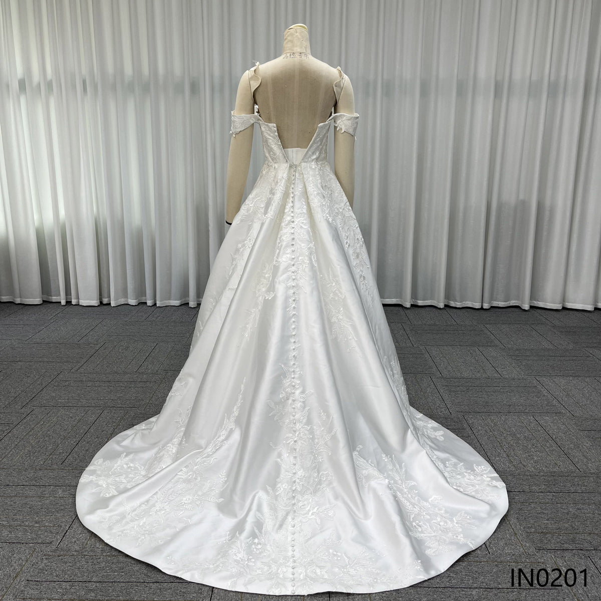 Elegant Off-the-Shoulder Satin Bridal Gown Lace Applique A Line Wedding Dress With Train