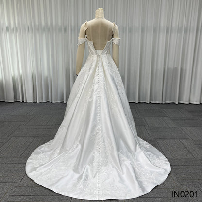 Elegant Off-the-Shoulder Satin Bridal Gown Lace Applique A Line Wedding Dress With Train