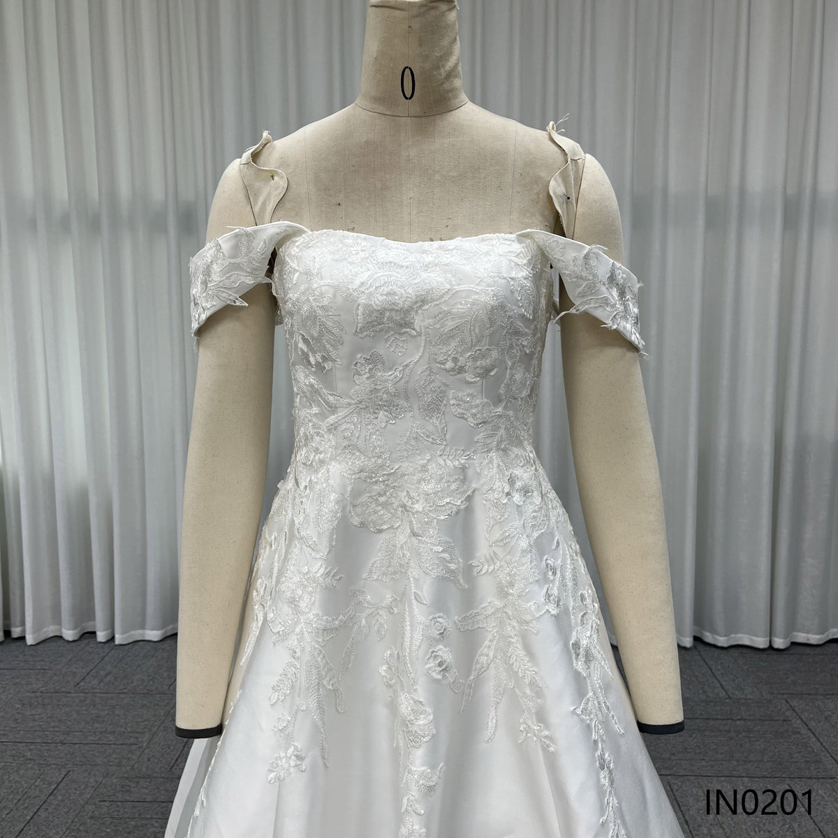 Elegant Off-the-Shoulder Satin Bridal Gown Lace Applique A Line Wedding Dress With Train