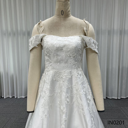Elegant Off-the-Shoulder Satin Bridal Gown Lace Applique A Line Wedding Dress With Train