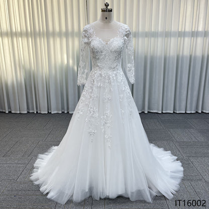 New High Collar Customizable White Long Sleeve Lace Decoration Plus Size Simple Bridal Wedding Dress