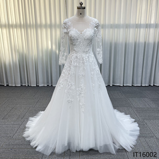 New High Collar Customizable White Long Sleeve Lace Decoration Plus Size Simple Bridal Wedding Dress