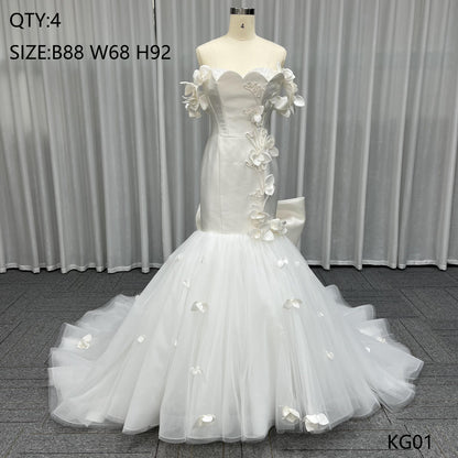 Dubai Saudi Arabia Pearls Mermaid Wedding Dresses Off the Shoulder Ivory Satin Ruffles Bridal Gowns Boho Bride Reception