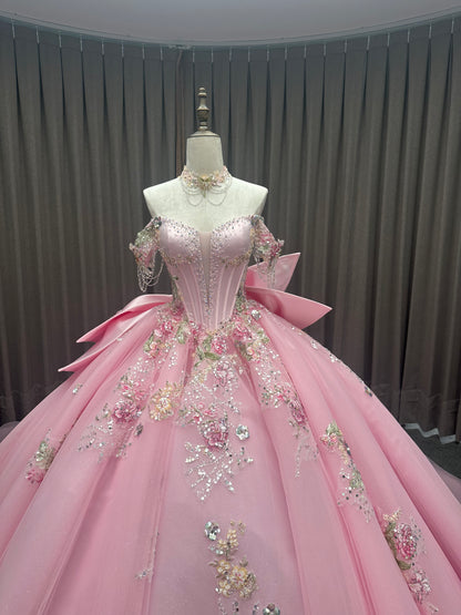 Princess Pink Off-Shoulder Ball Gown Floor-Length Lace Decoration Chapel Train Bow for Quinceanera 15th