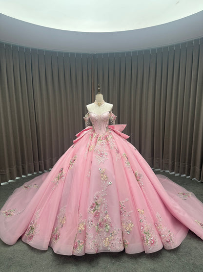 Princess Pink Off-Shoulder Ball Gown Floor-Length Lace Decoration Chapel Train Bow for Quinceanera 15th