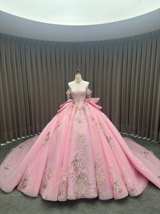 Princess Pink Off-Shoulder Ball Gown Floor-Length Lace Decoration Chapel Train Bow for Quinceanera 15th