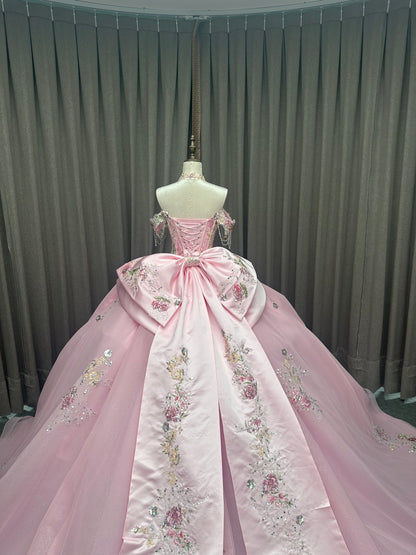 Princess Pink Off-Shoulder Ball Gown Floor-Length Lace Decoration Chapel Train Bow for Quinceanera 15th