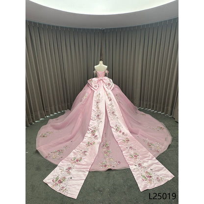 Princess Pink Off-Shoulder Ball Gown Floor-Length Lace Decoration Chapel Train Bow for Quinceanera 15th