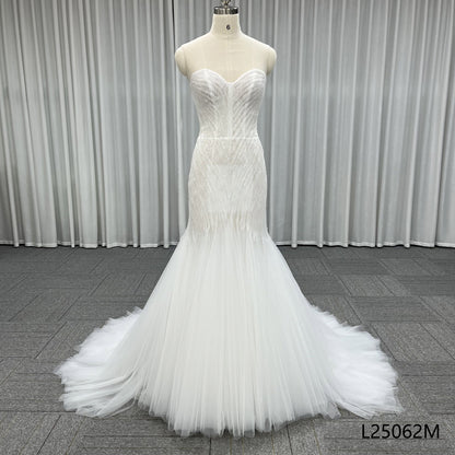 Sweetheart Strapless Beaded Mermaid Wedding Dress with Pleated Tulle Train