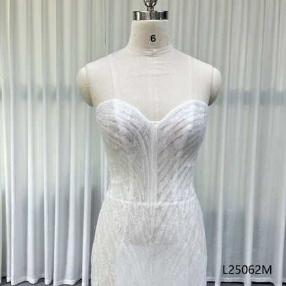 Sweetheart Strapless Beaded Mermaid Wedding Dress with Pleated Tulle Train