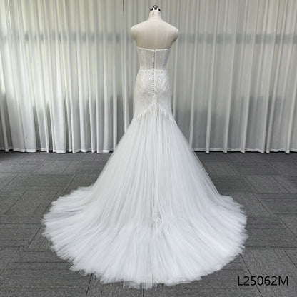 Sweetheart Strapless Beaded Mermaid Wedding Dress with Pleated Tulle Train