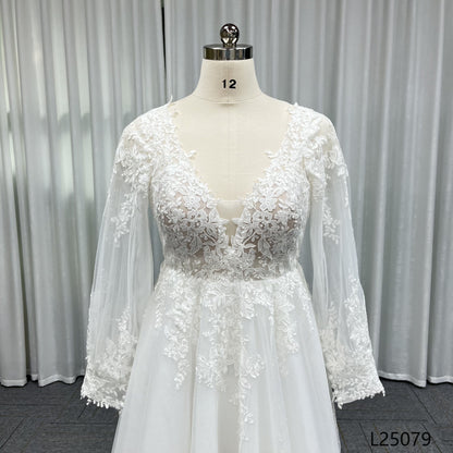 Custom Elegant Bridal Dress With Long Sleeve V-neck Temperament Lace Luxurious A-line Wedding Dress