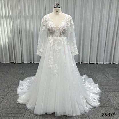 Custom Elegant Bridal Dress With Long Sleeve V-neck Temperament Lace Luxurious A-line Wedding Dress