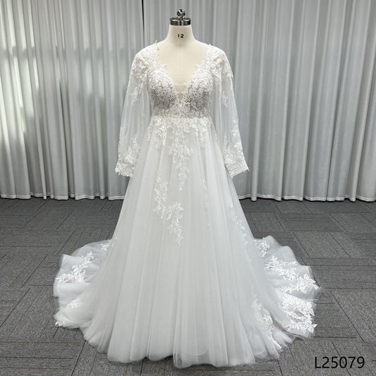 Custom Elegant Bridal Dress With Long Sleeve V-neck Temperament Lace Luxurious A-line Wedding Dress