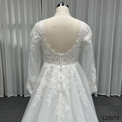 Custom Elegant Bridal Dress With Long Sleeve V-neck Temperament Lace Luxurious A-line Wedding Dress