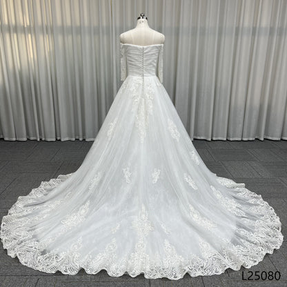 Elegant Bridal Gowns A-line Long Sleeve with Sweetheart Neck Lace Decoration and Chapel Train for of Bride