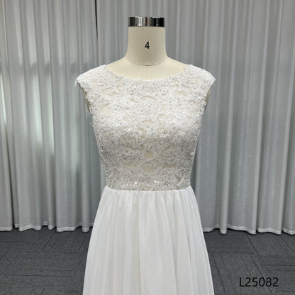 Modern A-Line Wedding Dresses Beautiful Beach Chiffon with Lace Floor-Length Chapel Train