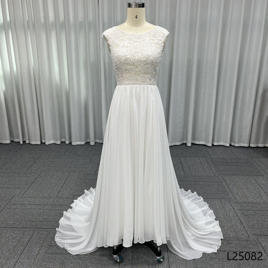 Modern A-Line Wedding Dresses Beautiful Beach Chiffon with Lace Floor-Length Chapel Train