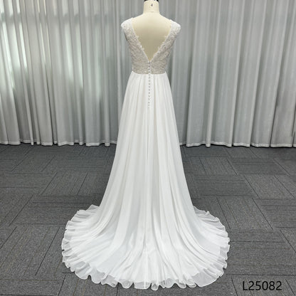 Modern A-Line Wedding Dresses Beautiful Beach Chiffon with Lace Floor-Length Chapel Train