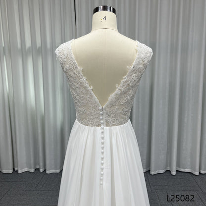 Modern A-Line Wedding Dresses Beautiful Beach Chiffon with Lace Floor-Length Chapel Train