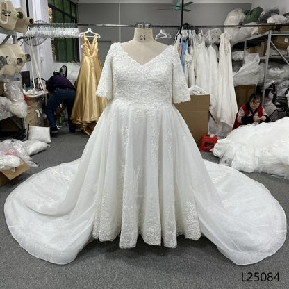 New Gentle and Elegant A-Line Long-Sleeved Round Neck High-End Lace Embroidered Floor-Length Puffy Wedding Dress