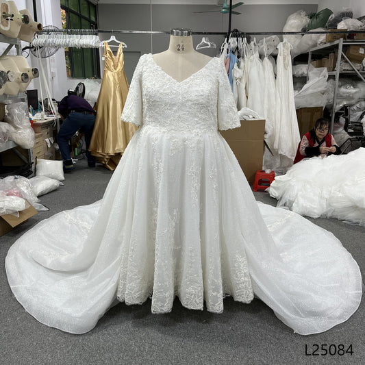 New Gentle and Elegant A-Line Long-Sleeved Round Neck High-End Lace Embroidered Floor-Length Puffy Wedding Dress