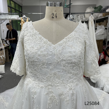 New Gentle and Elegant A-Line Long-Sleeved Round Neck High-End Lace Embroidered Floor-Length Puffy Wedding Dress